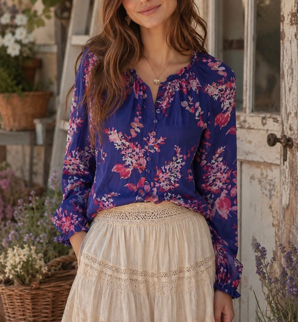 Caballero Vibrant Fields Peasant Blouse Boho Cottagecore Balloon Sleeve Size XS